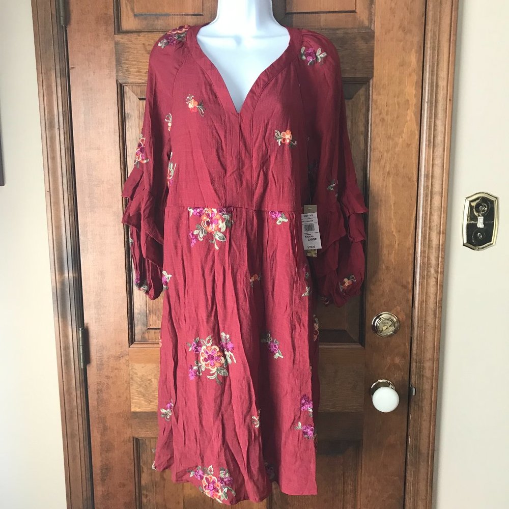 NWT Figueroa & Flower Rhubarb w/Embroidered Multicolor Flowers Dress Large